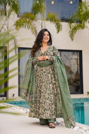 Alpona Green Cotton Anarkali Suit