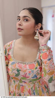 Beige Floral Georgette Gown